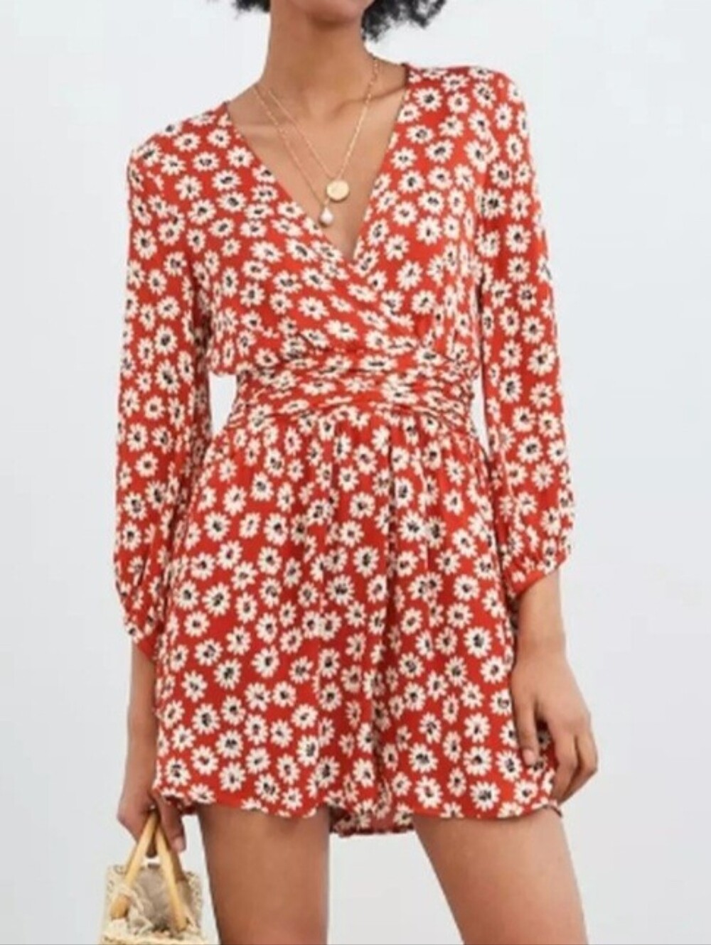 Zara 3/4 Sleeves Red & White Daisy Romper - Size XS